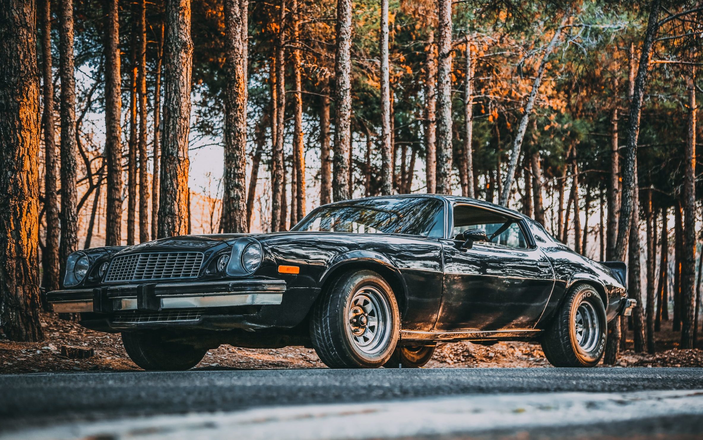 Chevy Camaro in the woods.