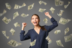 woman surrounded by money
