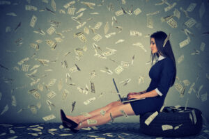 woman surrounded by flying money