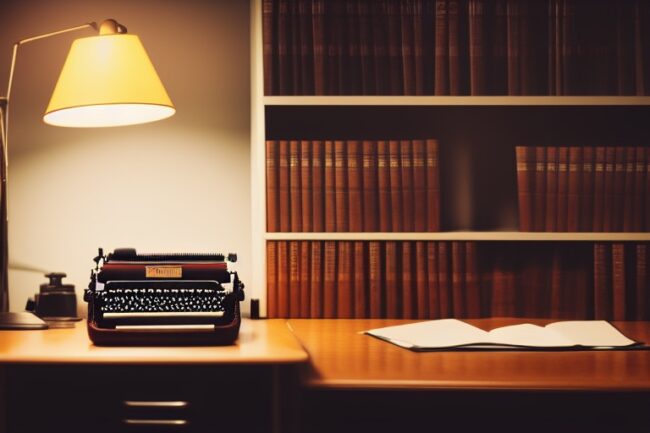 Vintage typewriter on a desk with a bookshelf and lamp