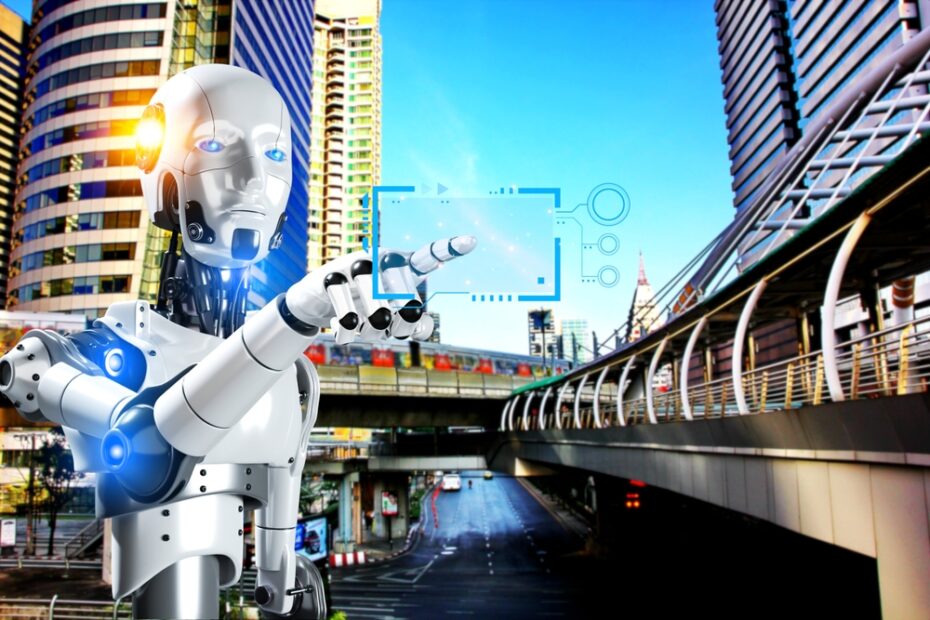 Futuristic artificial intelligence robot pointing in a busy city setting