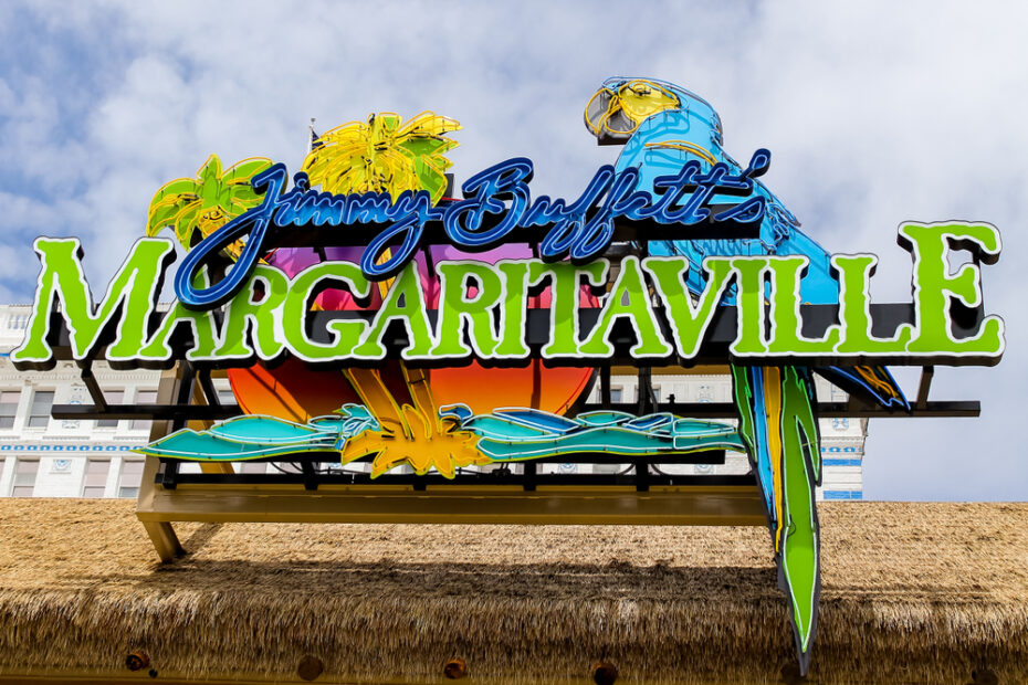 Colorful tropical sign for Jimmy Buffett's Margaritaville restaurant
