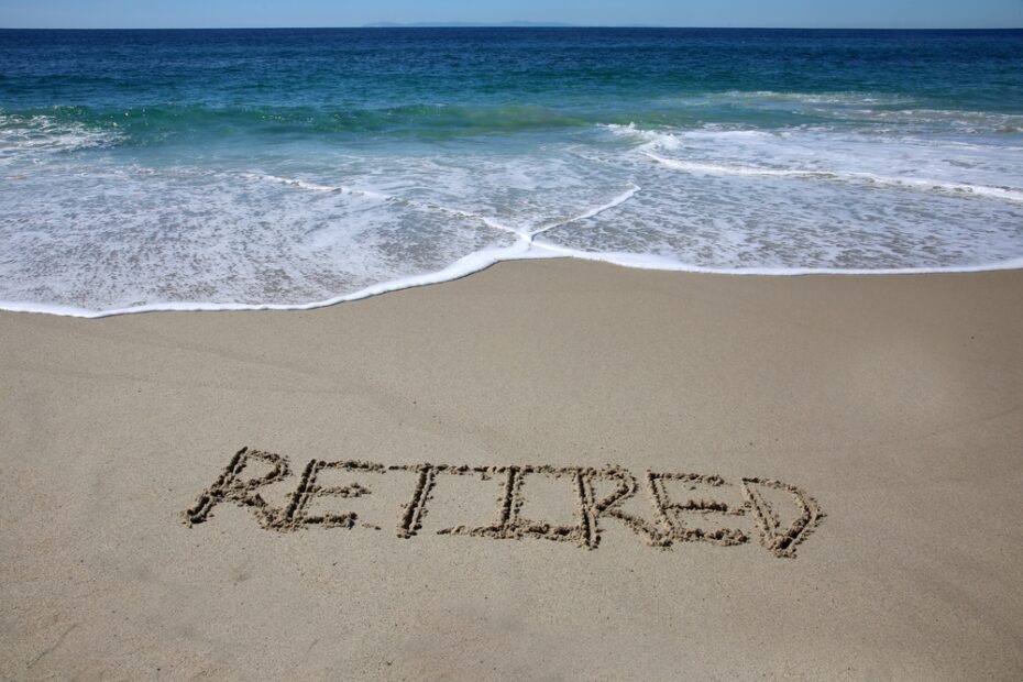 Retirement written in sand on a beach by blue ocean water