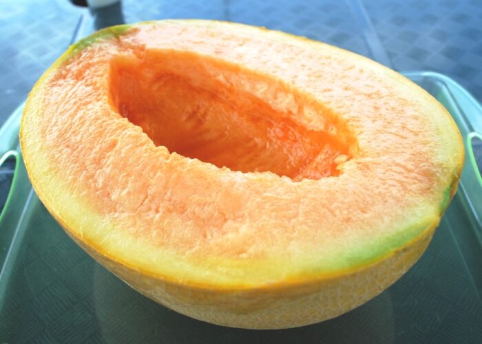 A Yubari melon cut in half