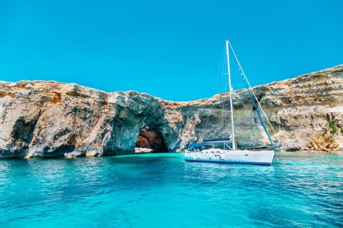 Sailing yacht in the Crystal lagoon, Comino - Malta