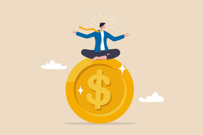 Financial guru or expert, behavioral finance mindfulness for wealth management, money and investment advisor concept, smart businessman meditate and floating on big golden money dollar coin.