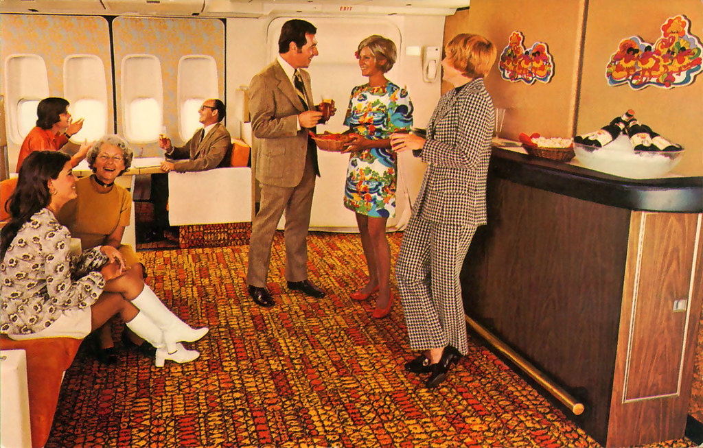 Bar on an airplane in the 1970s