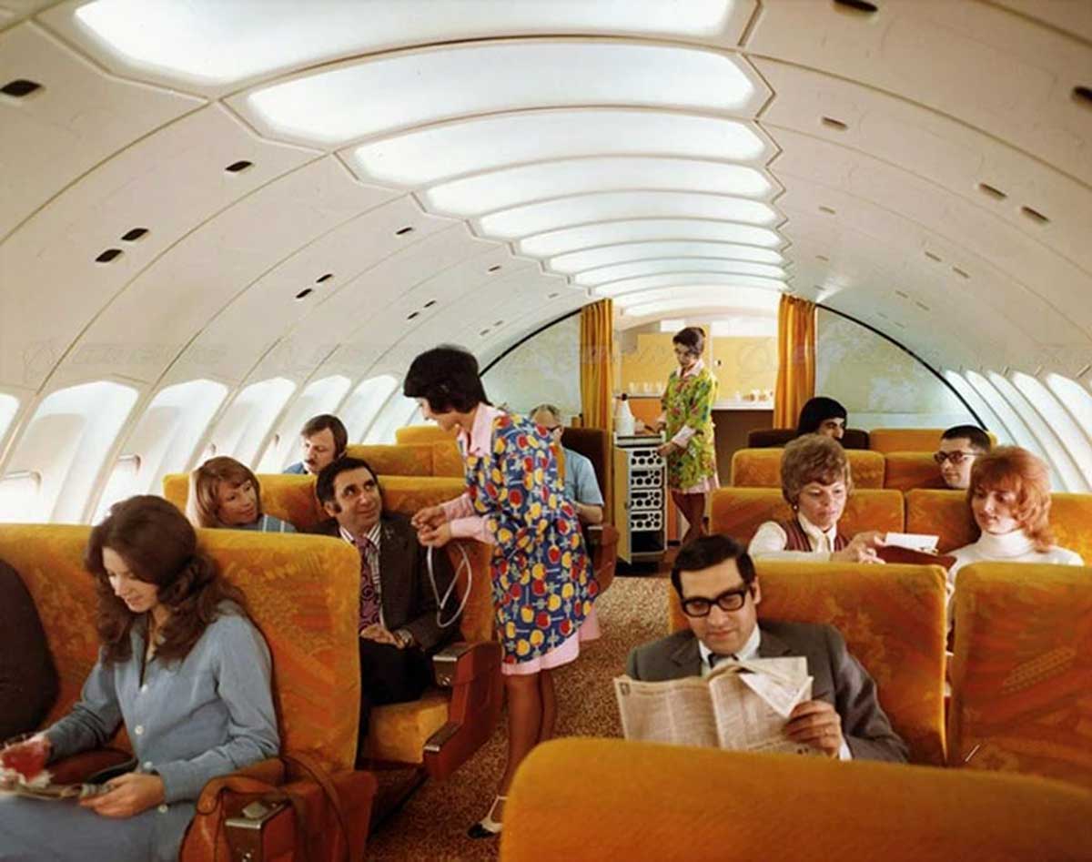 Large, spacious inside of a 1970s airplane