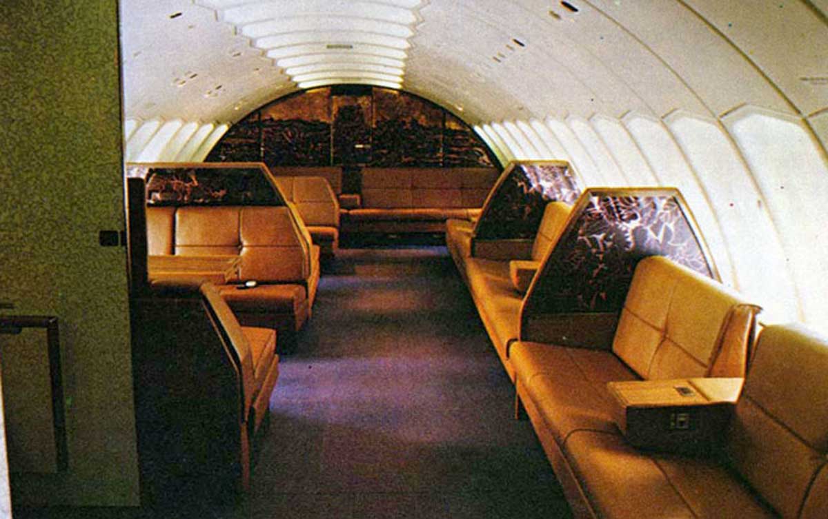 Empty long lounge on a 1970s flight