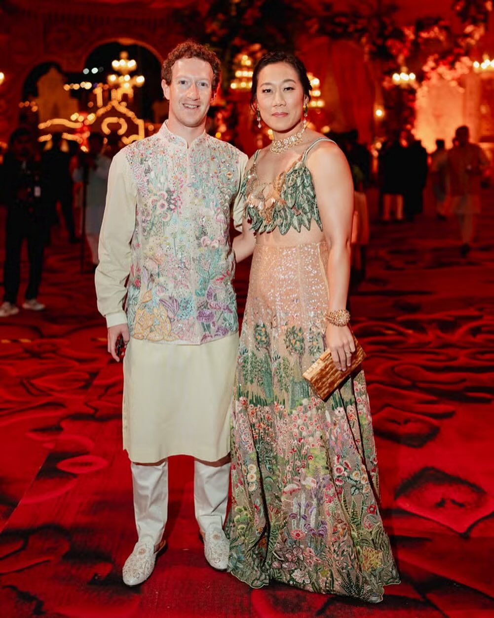 Ms Priscilla Chan and Mr Mark Zuckerberg wear Rahul Mishra Couture on the Day 2 of Radhika & Anant Ambani’s pre-wedding ceremony in Jamnagar, India.