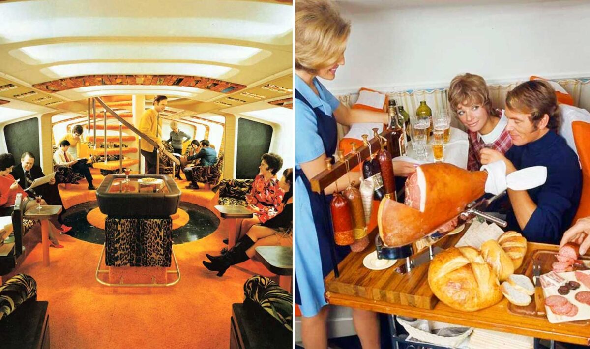 Two photos stitched together, the left is a beautiful lounge on a 1970s flight, and the right is a meal being served on a flight in the 1970s