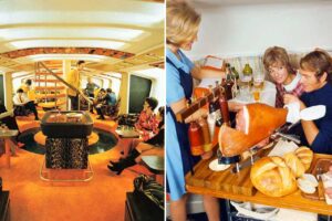 Two photos stitched together, the left is a beautiful lounge on a 1970s flight, and the right is a meal being served on a flight in the 1970s