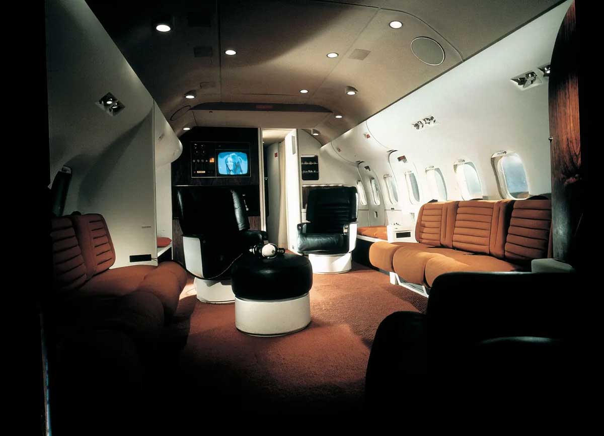 Inside of a luxury plane from the 1970s