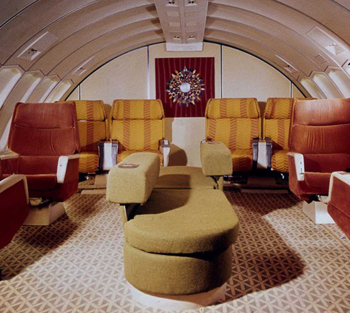 Empty lounge area in the 1970s airplane