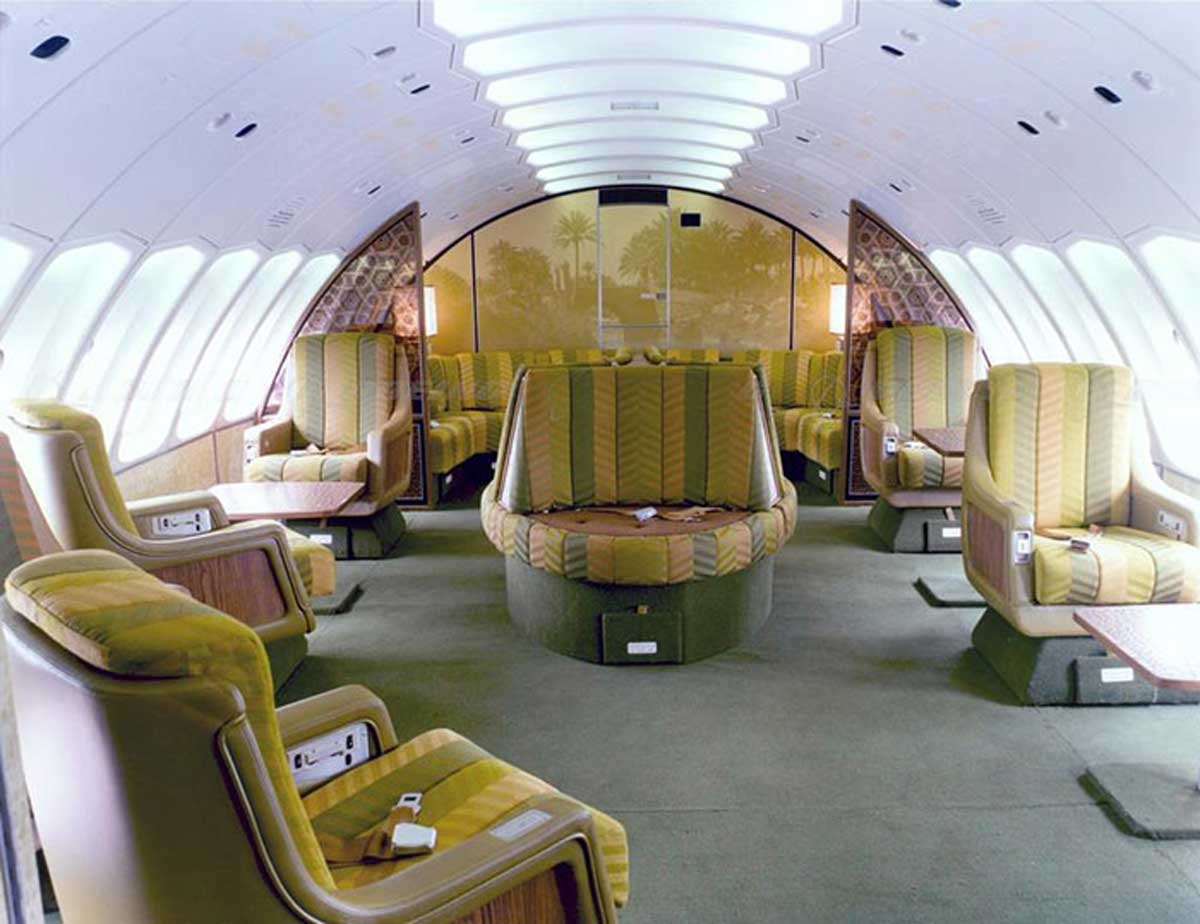 Big empty lounge on a 1970s flight