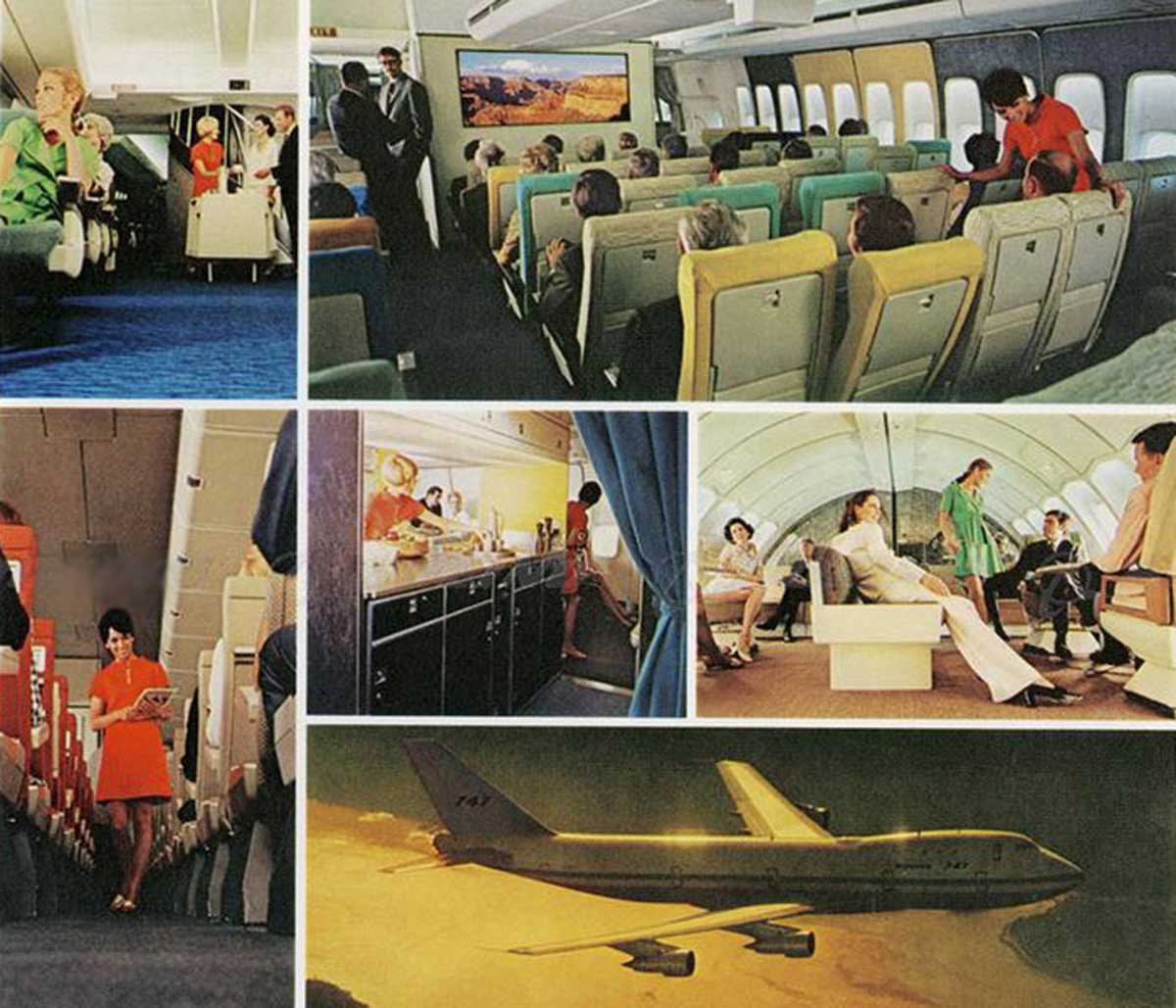 Mosaic of different images of what taking a flight in the 1970s was like