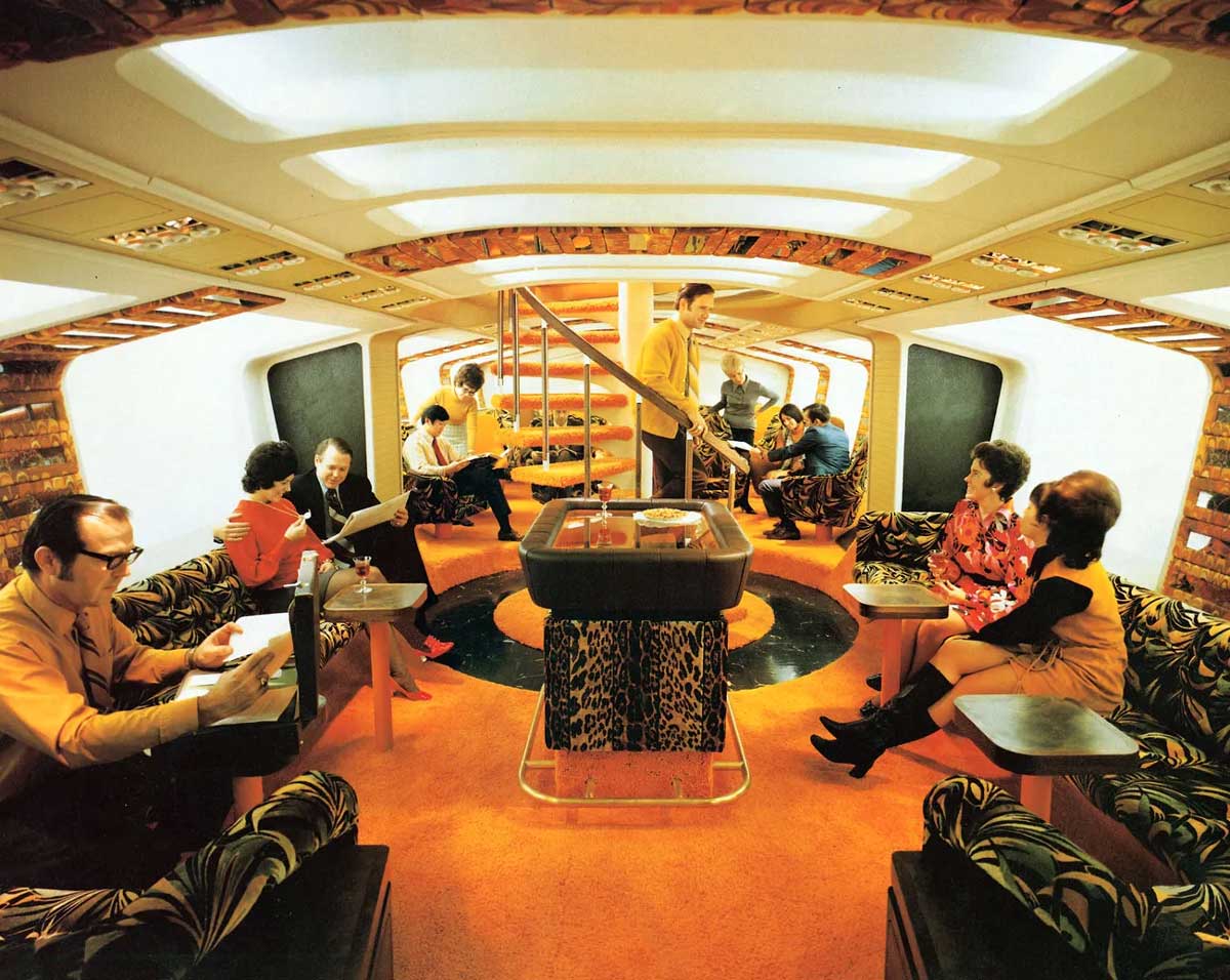 Luxury cabin on a 1970s plane with orange, shag carpet