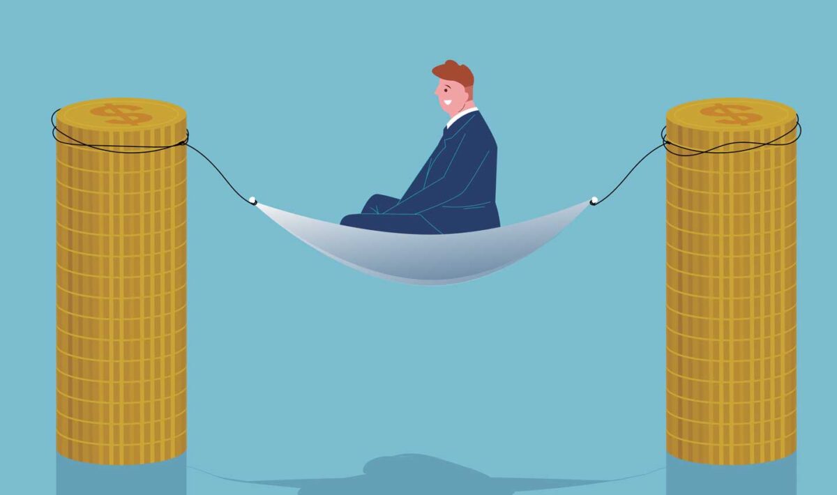 Cartoon character in a suit resting on a hammock supported by two huge stacks of coins