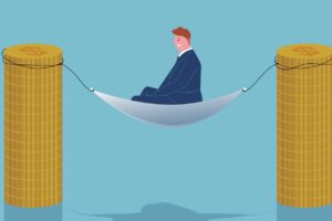 Cartoon character in a suit resting on a hammock supported by two huge stacks of coins