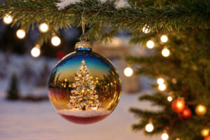 A Christmas tree ornament with a glass ball inside of it