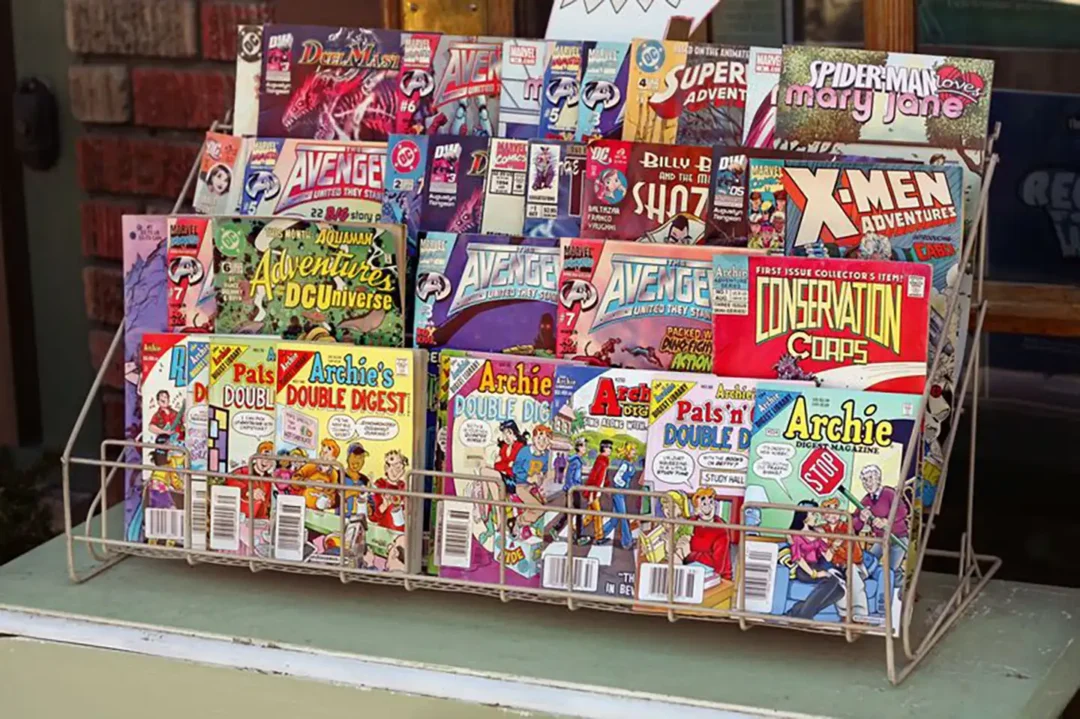 A rack of comic books