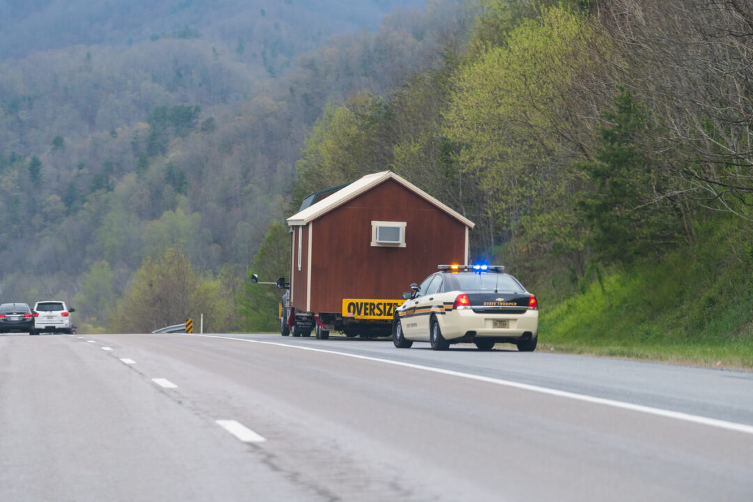 tiny house being hauled