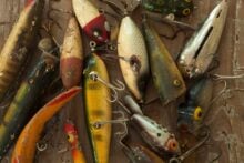 A collection of vintage fishing lures with chipped paint and metal hooks, arranged on a weathered wooden surface. The lures vary in color, size, and shape, including patterns of yellow, red, green, and brown.