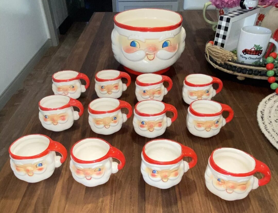 santa punch bowl and mugs