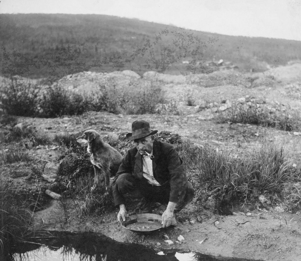 A man in a hat crouches by a rocky stream with a gold pan, looking for gold. A dog sits beside him, facing the water. The background features grassy hills and a cloudy sky, creating a rugged outdoor setting.