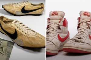 On the left, vintage beige Nike running shoes with a striking black swoosh. On the right, classic red and white high-top Nike sneakers—both among the most expensive shoes in their class. A black and white photo of an athlete donning the running shoes completes this stylish juxtaposition.