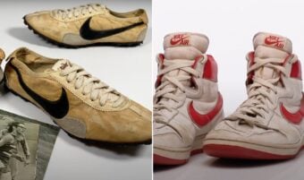 On the left, vintage beige Nike running shoes with a striking black swoosh. On the right, classic red and white high-top Nike sneakers&mdash;both among the most expensive shoes in their class. A black and white photo of an athlete donning the running shoes completes this stylish juxtaposition.