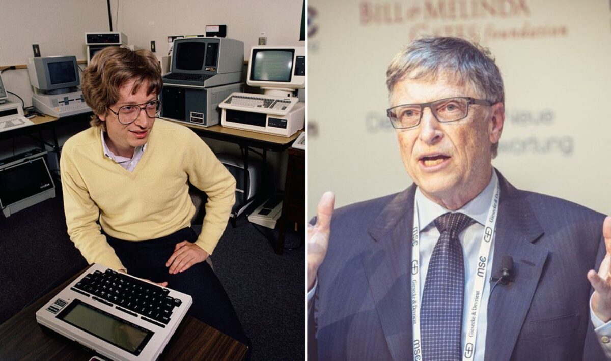 A person wearing glasses, a yellow sweater, and jeans sits with an early computer in a vintage setting on the left. On the right, the same person, now older, in formal attire and glasses, gestures while speaking at an event.