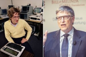 A person wearing glasses, a yellow sweater, and jeans sits with an early computer in a vintage setting on the left. On the right, the same person, now older, in formal attire and glasses, gestures while speaking at an event.