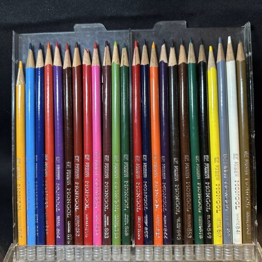 A set of 24 colored pencils neatly arranged in a clear plastic case. The pencils display a variety of colors, including red, blue, pink, yellow, and green, with sharp tips ready for use. Each pencil is labeled, indicating the brand and color.