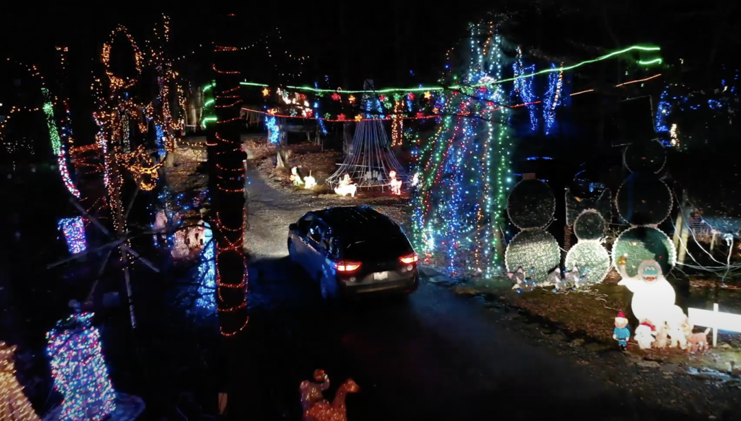 A car drives through a festive display of holiday lights at night. Trees and structures are adorned with colorful lights, with glowing snowmen and reindeer figures lining the path. The scene captures a joyful, wintry atmosphere.