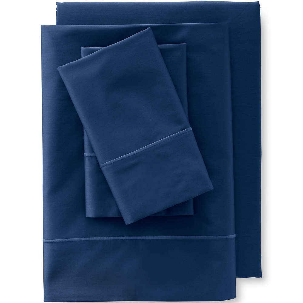 A neatly folded set of dark blue bed sheets, including a flat sheet, a fitted sheet, and pillowcases, displayed on a white background.