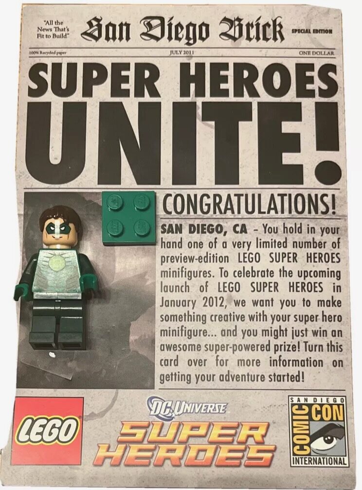 A LEGO minifigure in green is encased in packaging that looks like a comic newspaper. The headline reads "Super Heroes Unite!" with logos of LEGO, DC Universe, and Comic-Con. Text on the right announces a special promotion.