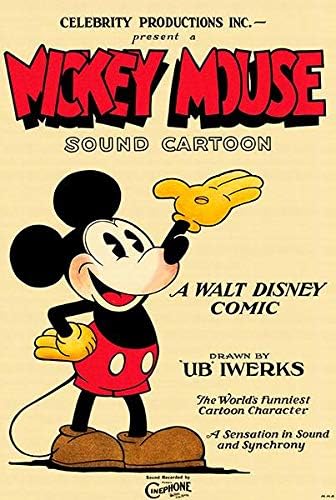 Vintage poster featuring Mickey Mouse in red shorts and yellow shoes, with the text "Mickey Mouse Sound Cartoon" and "A Walt Disney Comic." It also credits "Ub Iwerks" as the artist, highlighting Mickey as "The World's Funniest Cartoon Character.