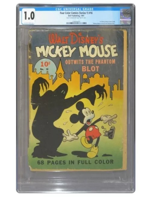 A graded comic book in a plastic case. The cover features Mickey Mouse running away from a shadowy figure in front of a city skyline. The title reads "Walt Disney's Mickey Mouse Outwits the Phantom Blot," published by Dell Publishing.