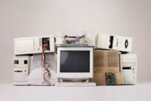 A collection of vintage computer equipment, including large, boxy monitors, desktop towers, a CRT screen with a keyboard, and visible internal circuit boards, arranged against a plain background.