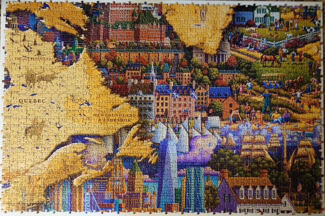 A completed jigsaw puzzle depicting a collage of historical and modern scenes, including a map, ships, buildings, and landscapes. The puzzle pieces form a colorful and detailed mosaic, blending different eras and settings.