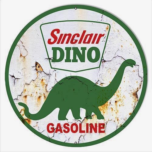 Vintage-style circular sign with a green dinosaur silhouette and text reading "Sinclair Dino" and "Gasoline." The background appears weathered with rust and cracked paint for a retro look.