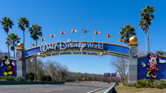 Entrance to Walt Disney World with a blue and gold sign reading "The Most Magical Place on Earth." The sign features images of Mickey Mouse and Minnie Mouse. Palm trees and flags line the road, and there's a clear blue sky above.