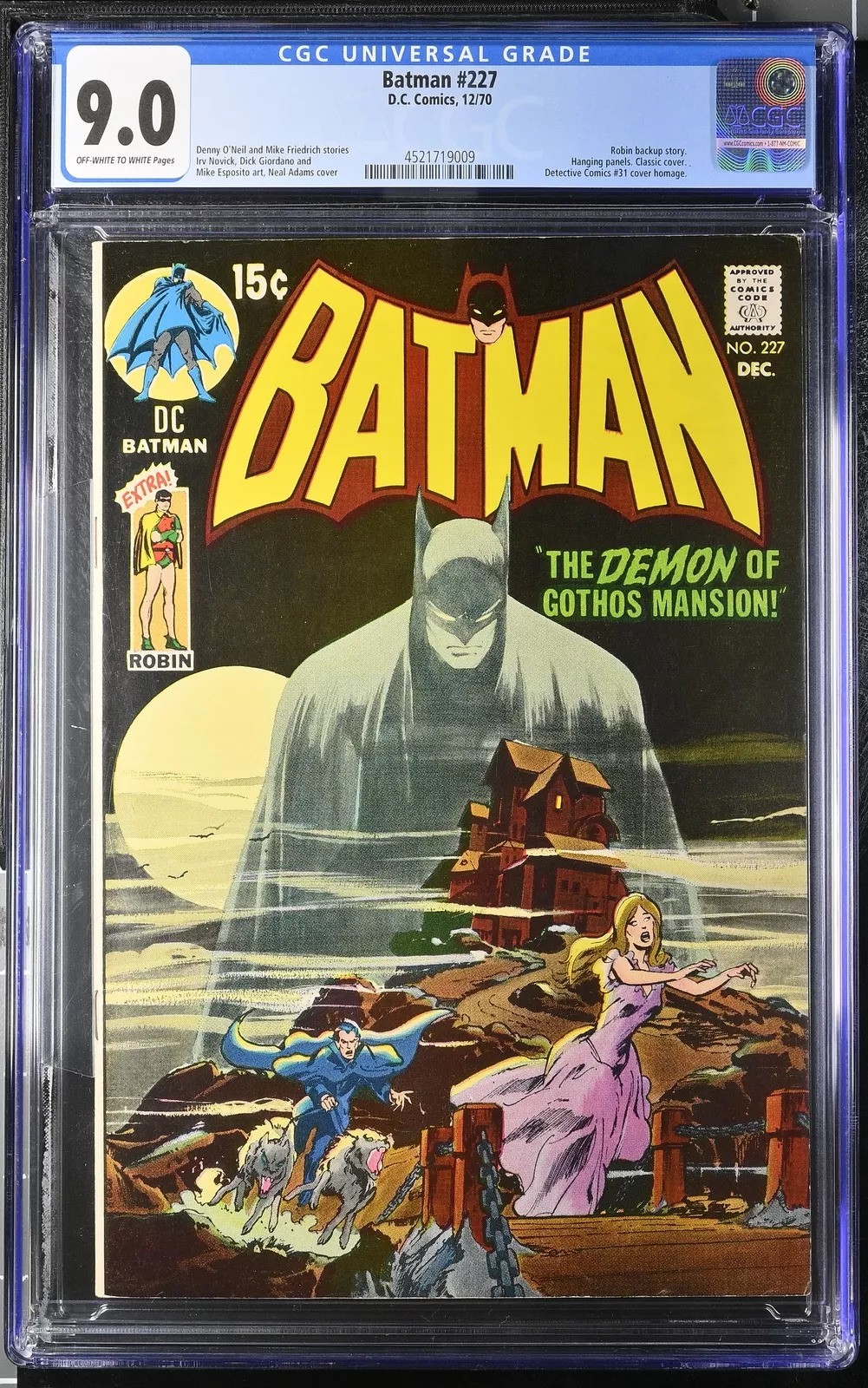 Comic book cover of Batman #227, graded 9.0. The scene shows Batman's large silhouette over a spooky mansion with a moonlit sky. Robin is chasing a man carrying a woman in a pink dress along a rocky path. Text reads "The Demon of Gothos Mansion!