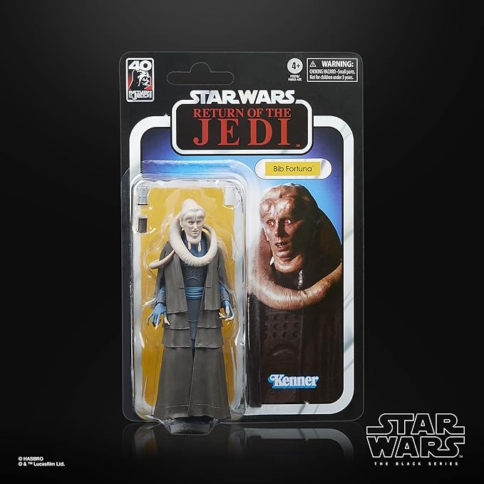 Action figure of Bib Fortuna from "Star Wars: Return of the Jedi" in original packaging. The card features an image of the character and the 40th-anniversary logo. The packaging includes a clear window displaying the figure.