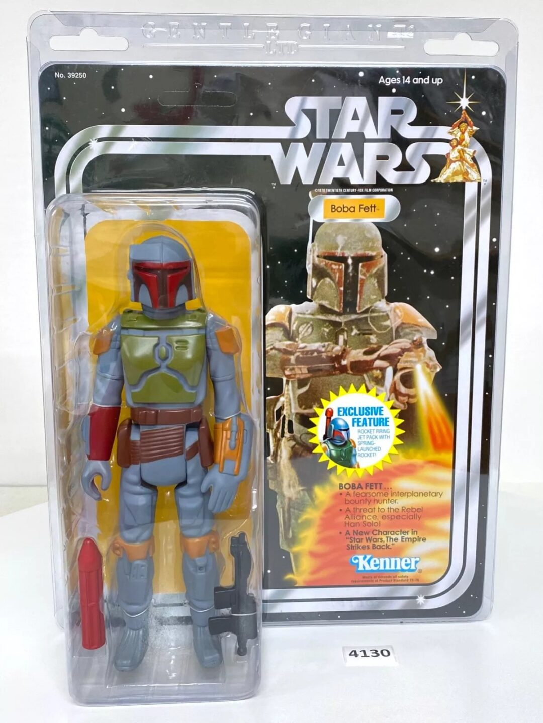 An action figure of Boba Fett in its original packaging, featuring the Star Wars logo. The figure is displayed on the left, and the background shows an illustrated image of Boba Fett. The packaging includes a Kenner logo and age recommendation.