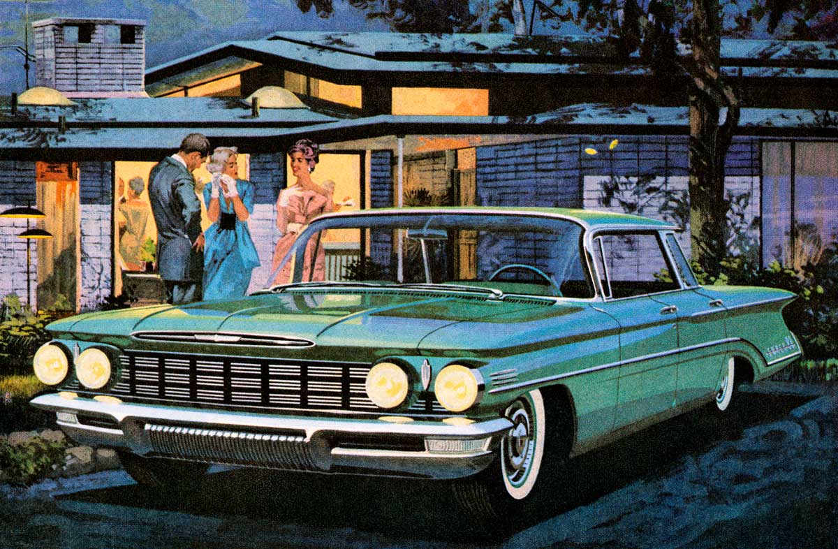 A retro illustration shows a green classic car parked in front of a modern mid-century house, with three people in formal attire conversing by the entrance at dusk.