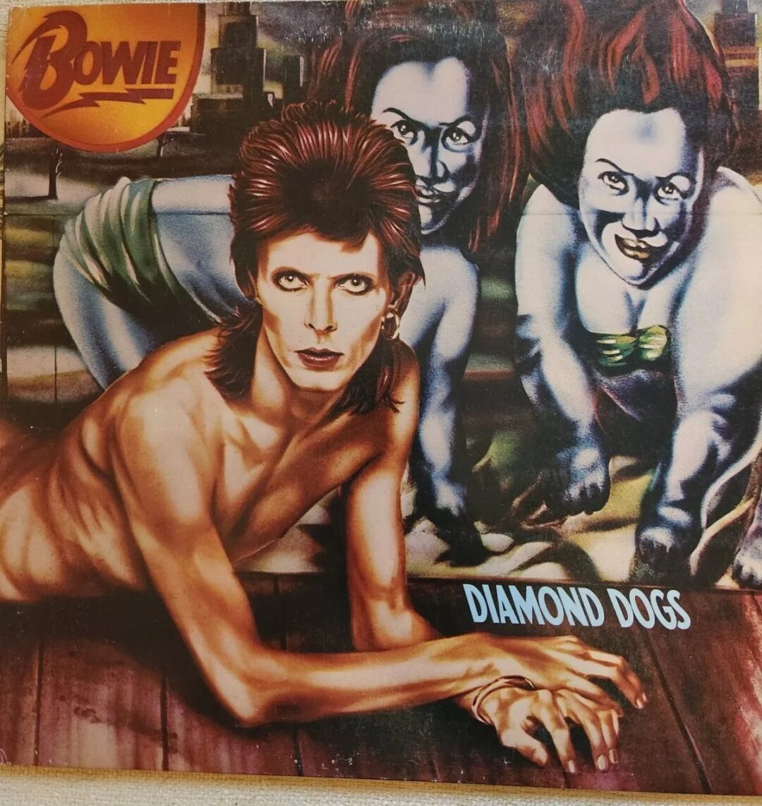 A surreal album cover featuring an androgynous figure with a humanoid body and dog-like limbs, alongside two other mystical creatures. The background has a fantastical, eerie scene with the text "Bowie" and "Diamond Dogs.