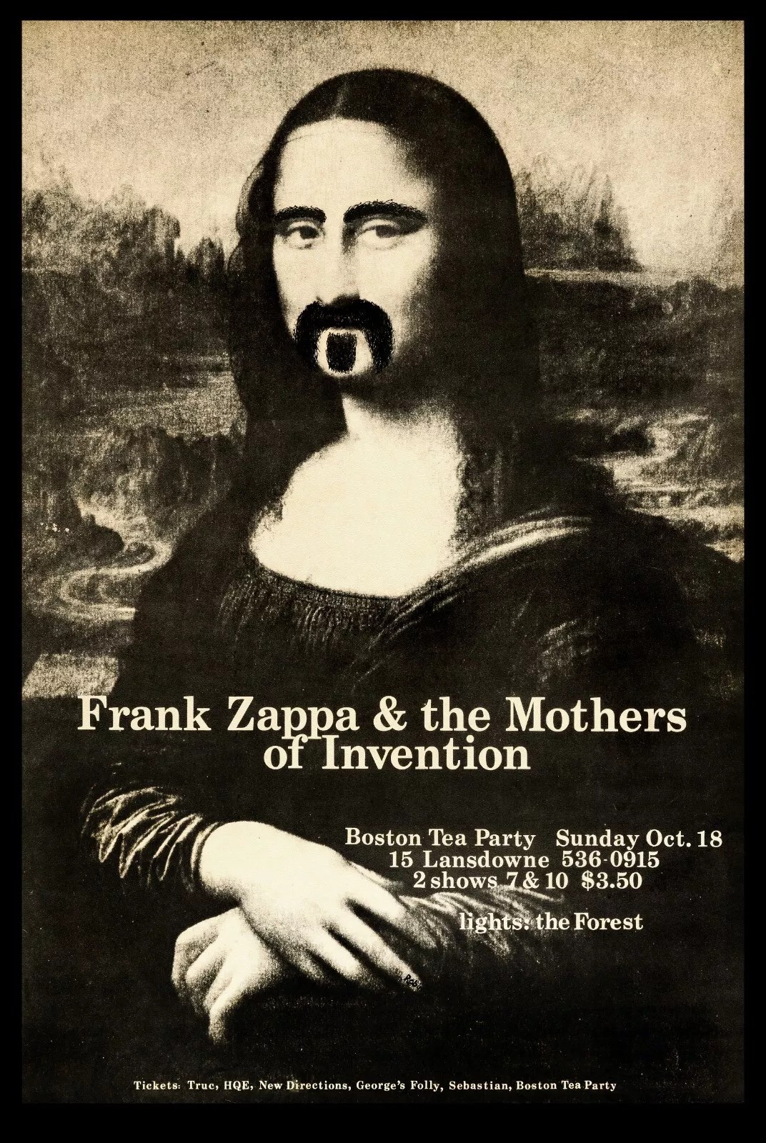 A vintage concert poster featuring a Mona Lisa with a goatee and mustache. Text reads "Frank Zappa & the Mothers of Invention" with concert details for Sunday, Oct. 18, at Boston Tea Party. Two shows, 7 & 10, for $3.50. "Lights: the Forest" at the bottom.