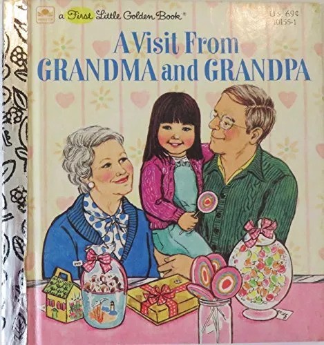 Illustrated book cover titled "A Visit From Grandma and Grandpa." It features a young girl sitting between her grandmother and grandfather, all smiling. They are surrounded by colorful gifts and candies.